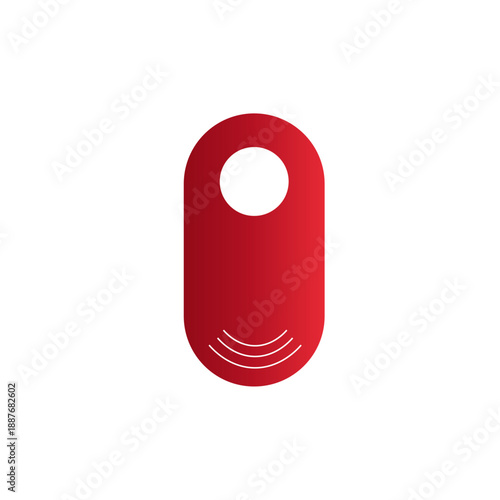 A red, rounded door hanger with a white circle at the top and curved lines at the bottom, isolated on a white background.
