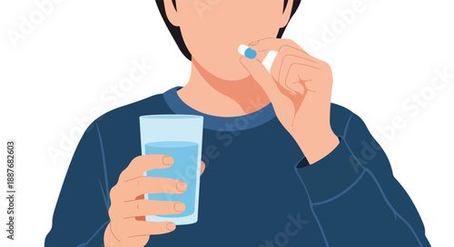 Person Taking Medication with Water and Pill Illustration