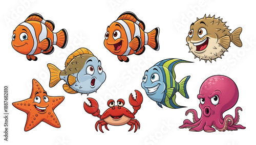 Happy Cartoon Sea Animals Collection with Colorful Fish Crab Octopus and Starfish.