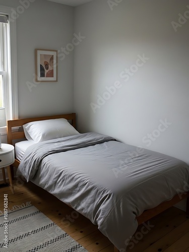Cozy bedroom corner featuring simple bed decor and subtle wall art