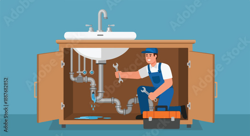 Plumber Fixing a Leaking Sink Pipe with Tools