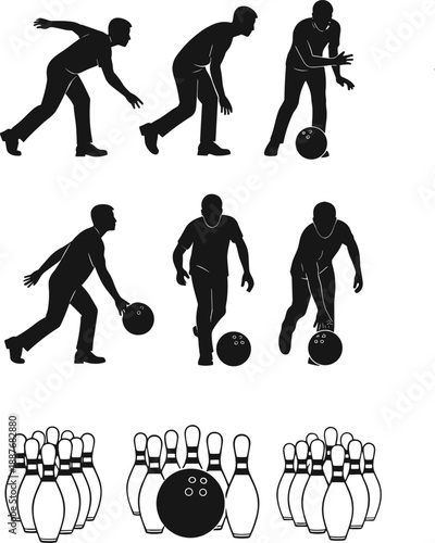 Bowling silhouette, throwing ball, pins, motion, sport, technique, posture, action, game, player, strike, vector