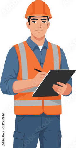 Construction worker or engineer in safety vest and hard hat taking notes on clipboard
