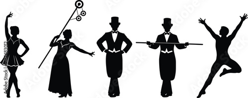 Performer silhouette, ballet, circus, magician, dance, costume, pose, motion, art, entertainment, stage, style