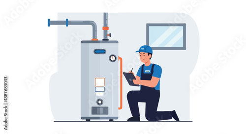 Plumber Inspecting a Water Heater, Flat Illustration