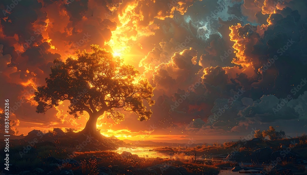 Fototapeta premium A majestic tree stands silhouetted against a brilliant sunset sky with fiery hues and dramatic cloud formations