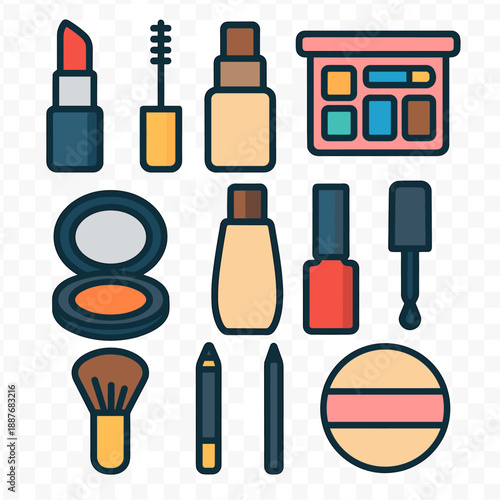 Colorful makeup icons set showcasing lipstick, palette, and brush in flat design