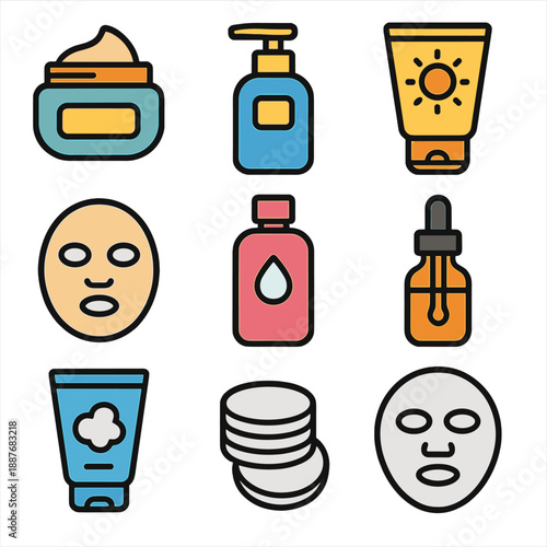 Skincare product icons: cream, lotion, masks, oil, cleanser, and toner