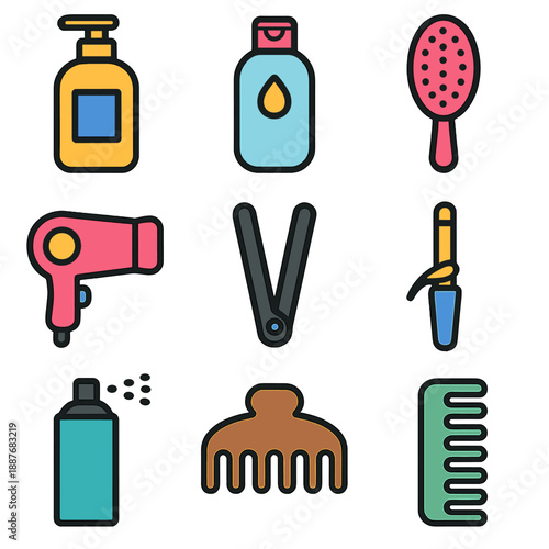 Colorful hair care icons: shampoo, conditioner, brush, dryer, scissors, spray, comb