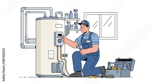 Plumber Kneeling to Inspect and Repair a Water Heater