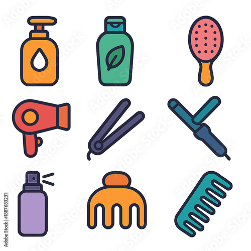 Colorful icons of haircare and grooming tools on gradient background