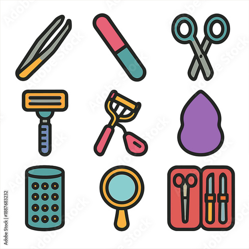 Colorful beauty tools illustration with scissors, tweezers, and makeup accessories