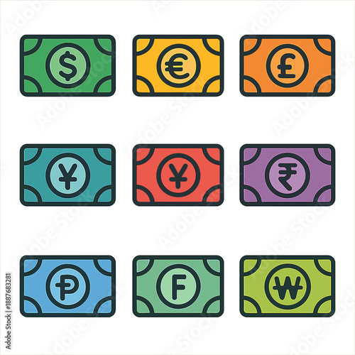 Colorful currency icons representing global financial power and diversity