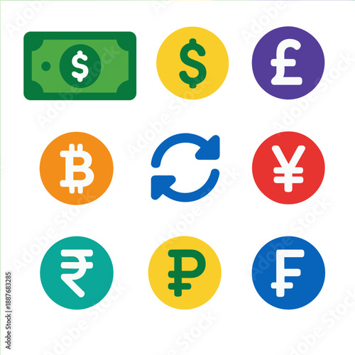 Global currency exchange symbols featuring bitcoin, dollar, euro, yen, rupee