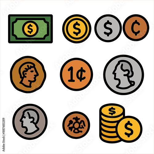 Colorful currency icons featuring coins and bills on a gradient background