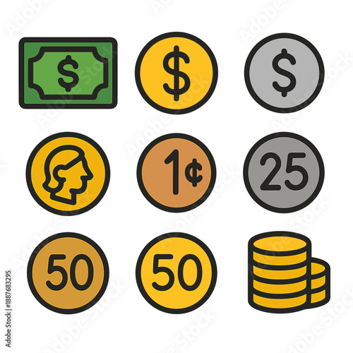 Diverse currency symbols featuring coins and notes in modern graphic style