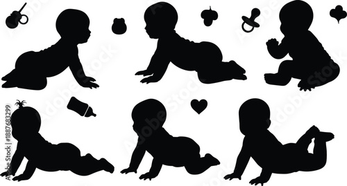 Baby silhouette, crawling, sitting, pacifier, bottle, rattle, icons, infant, childcare, parenting, toddler, pose