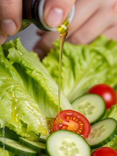 Drizzling olive oil over a fresh vegetable salad for a healthy meal