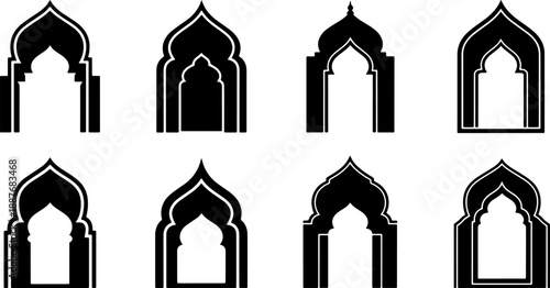 Set of 8 Luxury Islamic Arch Silhouettes with Decorative Layered Outlines and Traditional Arabic Mehrab Designs for Premium Ramadan and Eid Graphic Elements