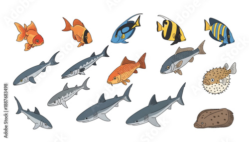 Diverse collection of colorful tropical fish sharks and marine life illustrations.