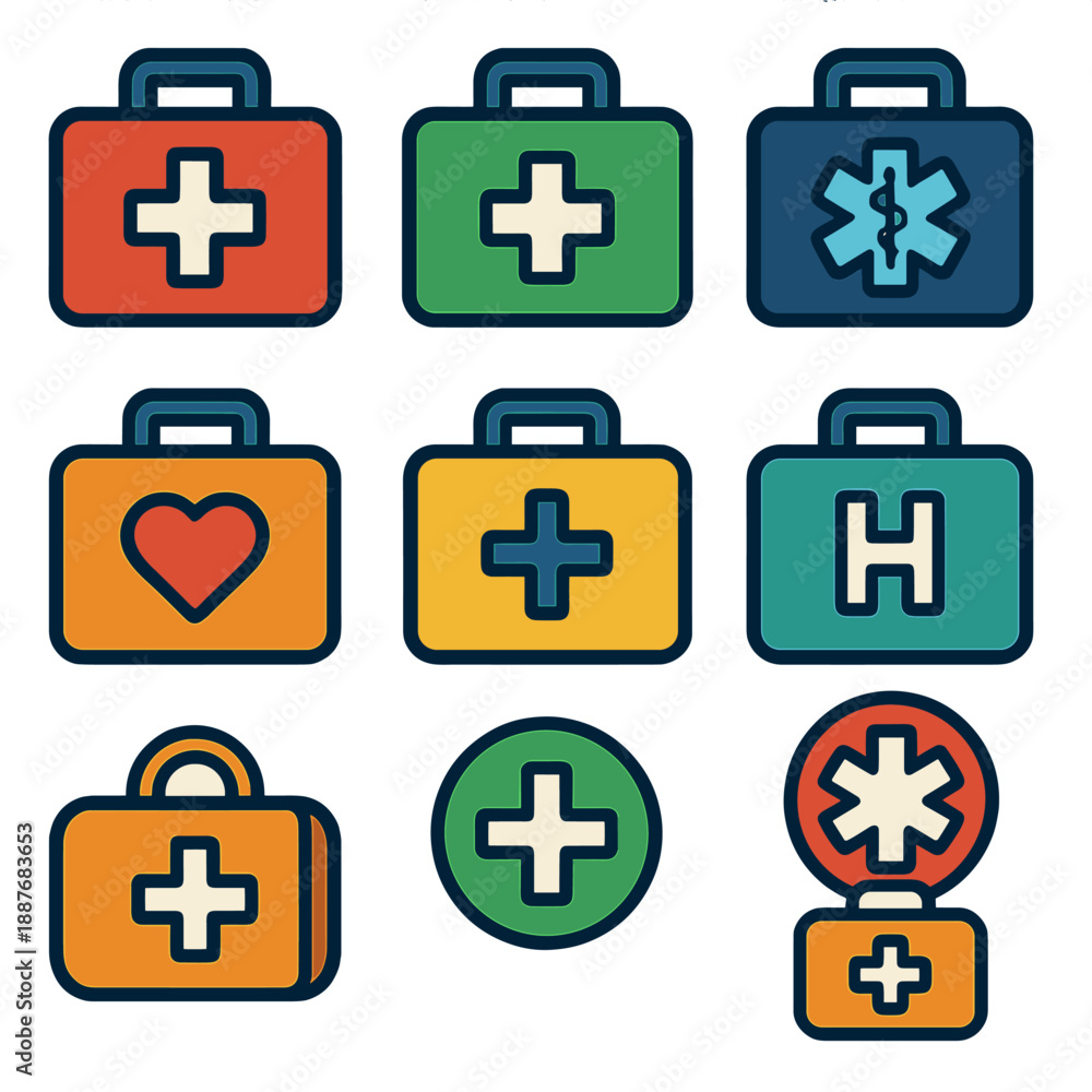Obraz premium Colorful medical icon set: first aid, cross, heart, emergency symbols