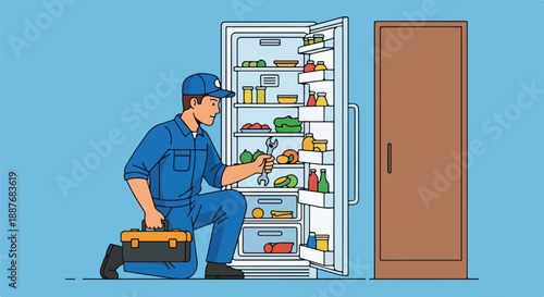 Repairman Fixing a Refrigerator with a Wrench