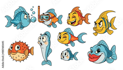Diverse cartoon fish characters with various expressions colorful aquatic creatures illustration.
