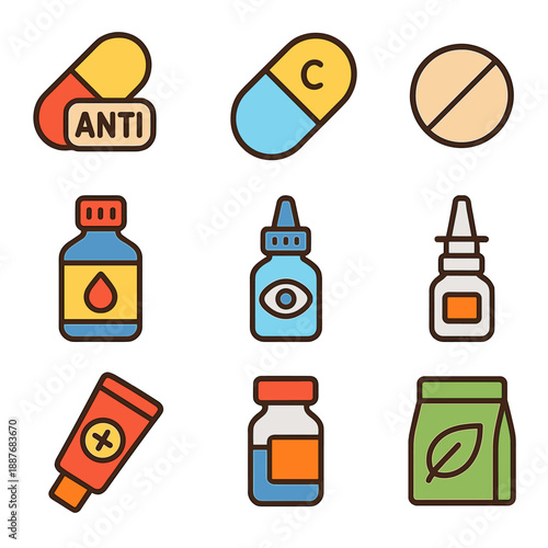 Colorful medicine icons set for healthcare and pharmaceutical applications