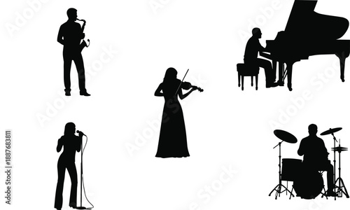 Musician silhouettes, saxophone, piano, violin, singer, drums, ensemble, performance, music, band, concert, art
