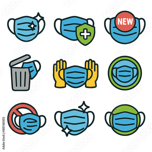 Colorful mask icons representing health, safety, and hygiene precautions