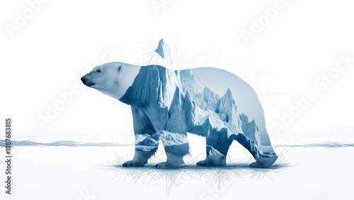 Double exposure of polar bears and Arctic glaciers: climate change and the loss of Arctic habitats. AI generated.
