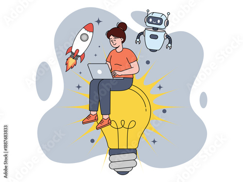 Creative Woman Working With Laptop Sits Atop a Large Glowing Light Bulb And a Friendly-looking Robot, Signifying Artificial Intelligence and Technology Vector Illustration