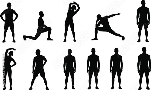 Stretching silhouette, standing poses, warm-up, exercise, posture, motion, anatomy, fitness, body, movement, people, health