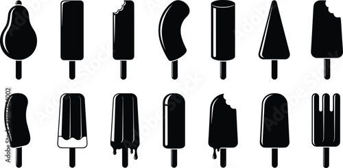 Ice cream bar silhouette set, assorted popsicle icons, frozen summer treats, chocolate dipped lollies, bitten snacks, cold dairy dessert vector illustration, isolated icons