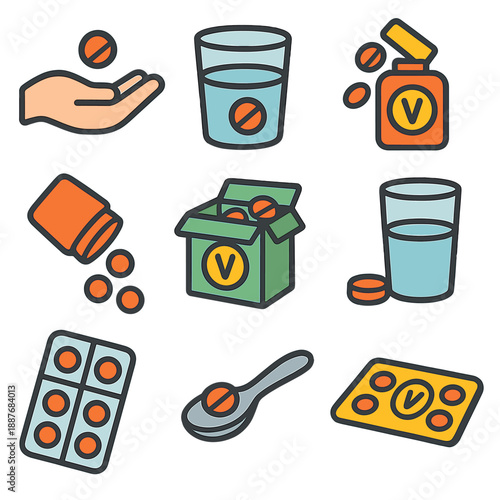 Colorful vitamin icon set featuring pills, bottles, and boxes in flat design