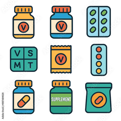 Colorful supplement icons with vitamins and pills on a gradient background