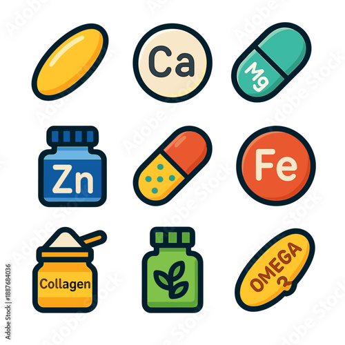 Colorful icons of vitamins and minerals for balanced health and wellness