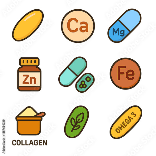 Colorful dietary supplements icons highlighting vitamins and minerals