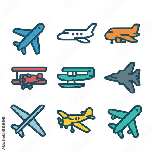 Colorful airplane icons set featuring various aircraft designs
