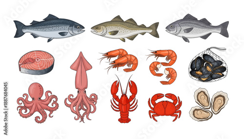 Fresh Seafood Collection: Fish Shrimp Lobster Crab Squid Octopus Mussels Oysters.