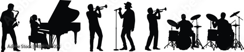 Jazz band silhouette, musicians playing instruments, trumpet, saxophone, piano, drums, singer, ensemble
