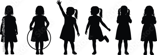 Girls silhouette, playful poses, dress, jumping, standing, hula hoop, gesture, motion, activity, fun, child