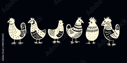 rustic decorative folk chicken collection on black