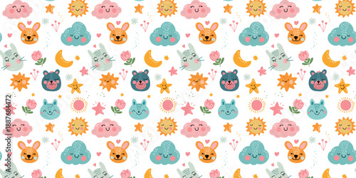 seamless pattern of happy childlike motifs for textile