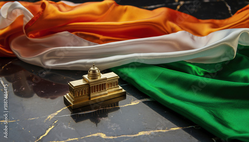 Symbolic Representation of Justice and National Pride with the Indian Flag and a Miniature Court Building