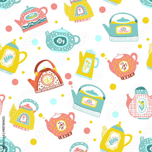 Decorative kettles and kitchen crockery seamless vector backgrounds set of teapot pattern illustration