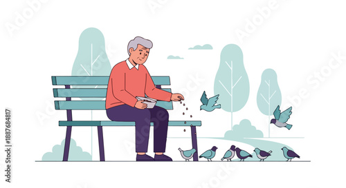 Senior Man Feeding Pigeons in a Park on a Sunny Day