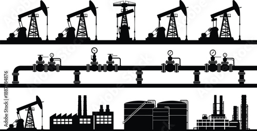 Oil production industry silhouette illustration, pumpjacks, pipelines, storage tanks, refinery buildings, petroleum extraction, energy infrastructure, black vector design