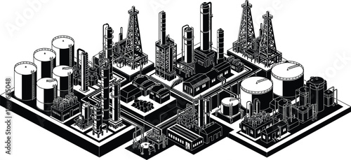 Isometric oil refinery industrial complex illustration, petroleum processing plant with storage tanks, pipelines, towers, heavy industry infrastructure vector design scene