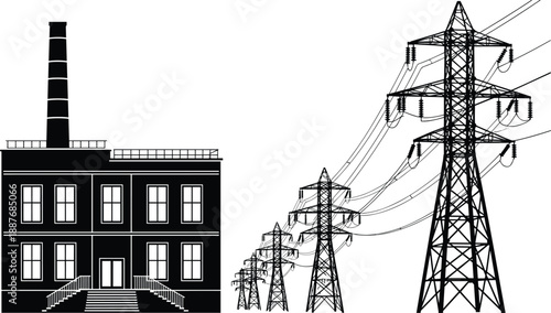Power plant and electric transmission towers illustration, energy generation building with high voltage pylons, electricity infrastructure, black vector line art